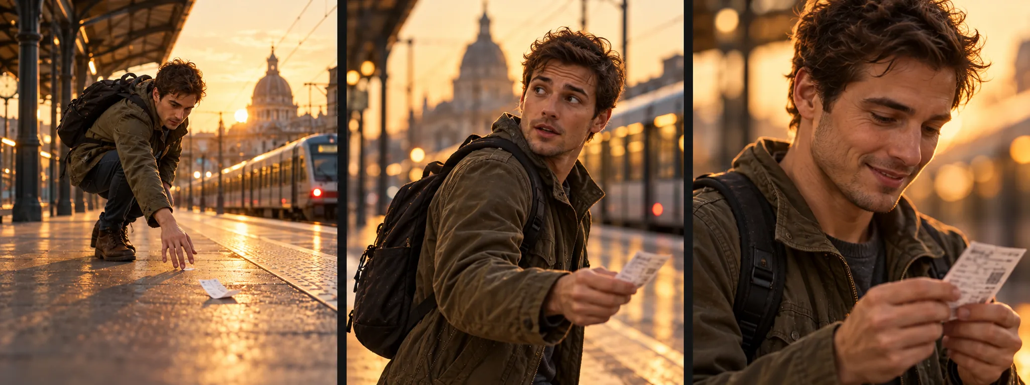 Adapted storyboard: a man at a sunset station picks up a ticket, turns and smiles with similar framing, changing the character and setting