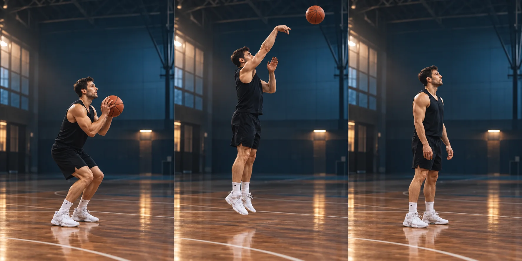 The basketball player bends his knees with both feet grounded, his shooting hand supporting the ball and his other hand guiding its side