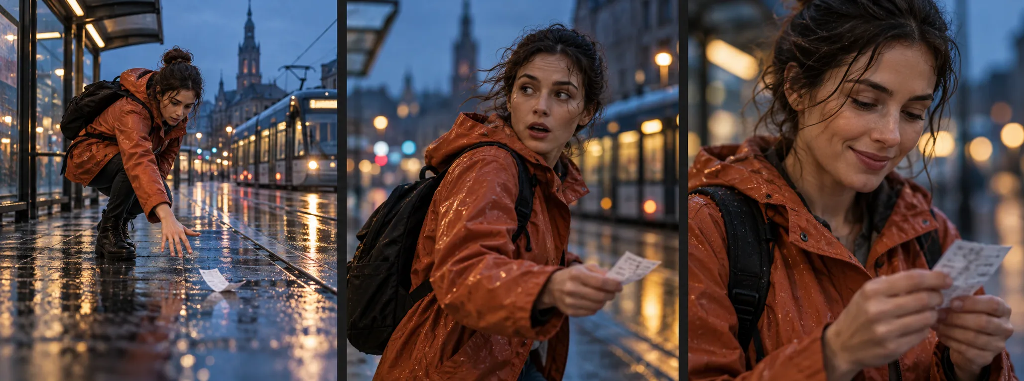 Three illustrated frames of a woman retrieving a ticket, turning and smiling in the rain